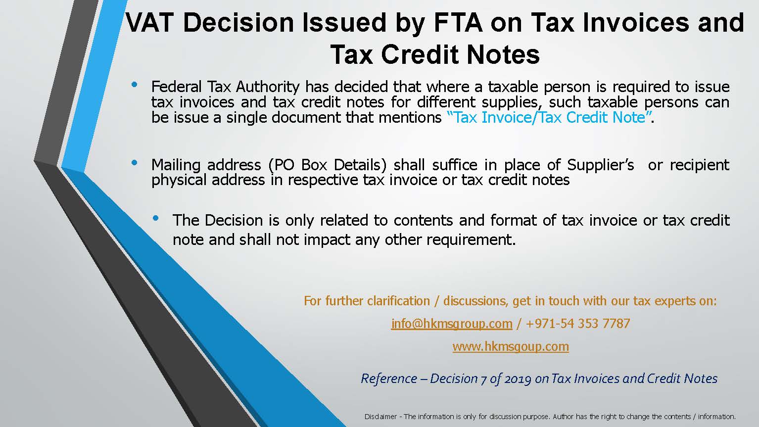 FTA VAT Decision Invoices & Credit Notes HKMS Group
